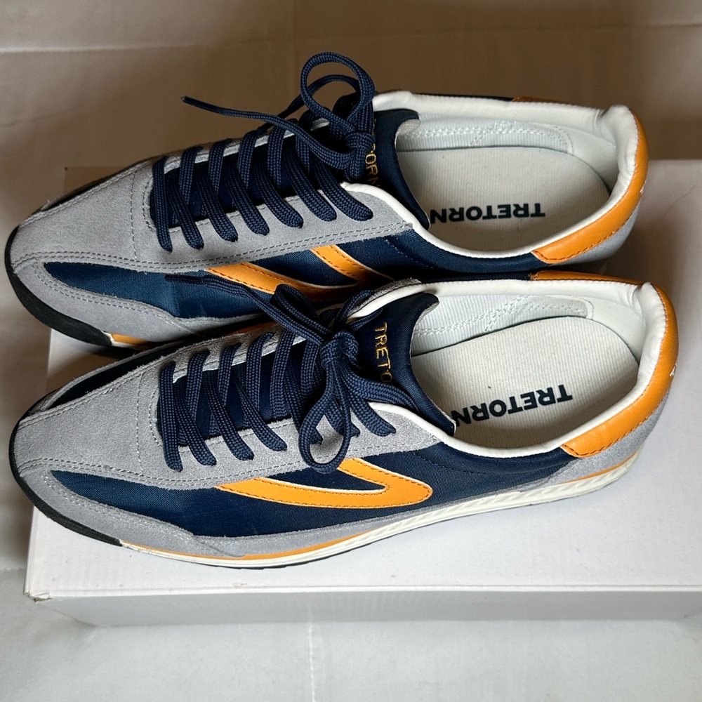 Tretorn Women’s Navy and Gray Sneakers with Marigold Accents